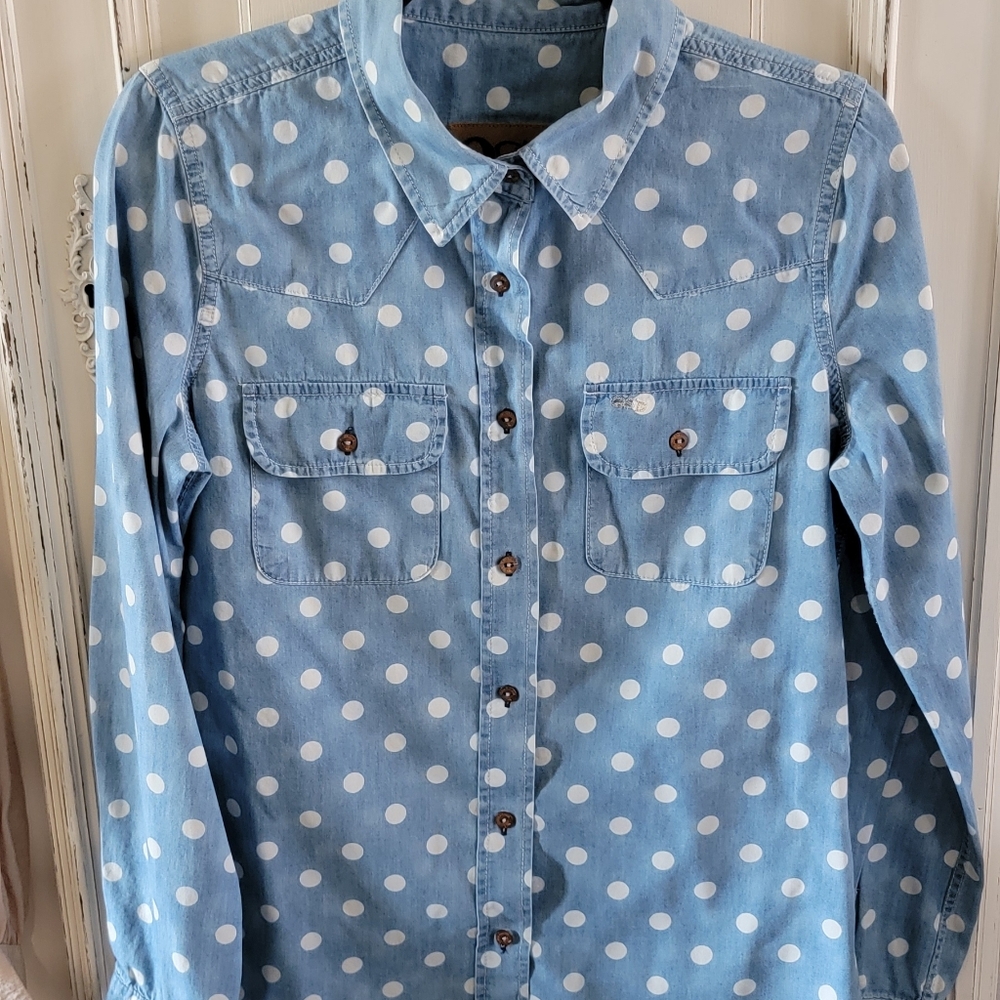 Polka Dot Chambray Button-Down Shirt - Light Blue/White